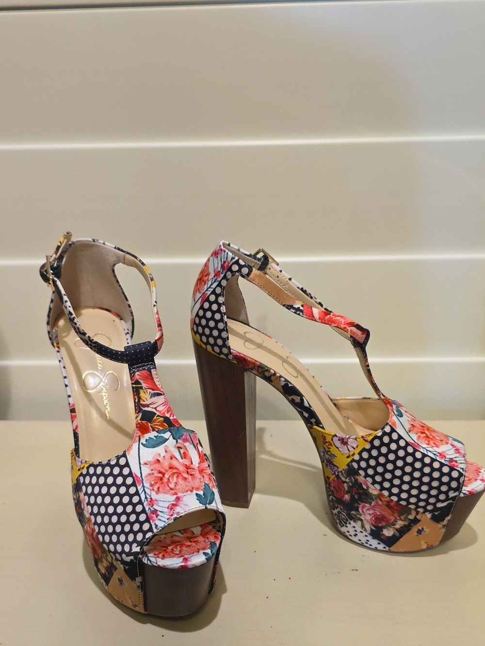 New Floral Patchwork T-Strap Platform Heels - Multicolor